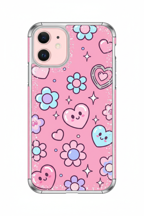 Normal Junk Case - pink and silver cartoon phone case with love heart and flower charms